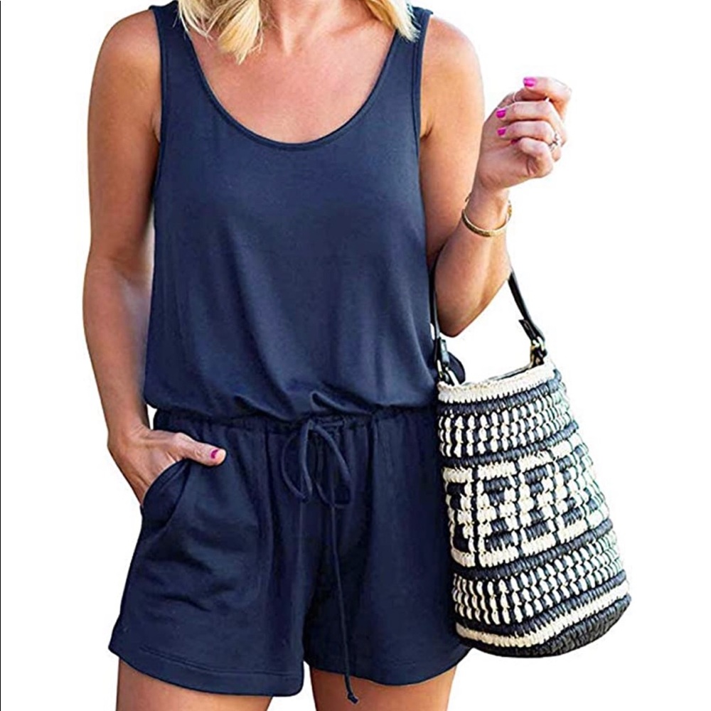 Crew Neck Purple Drawstring Waist Romper